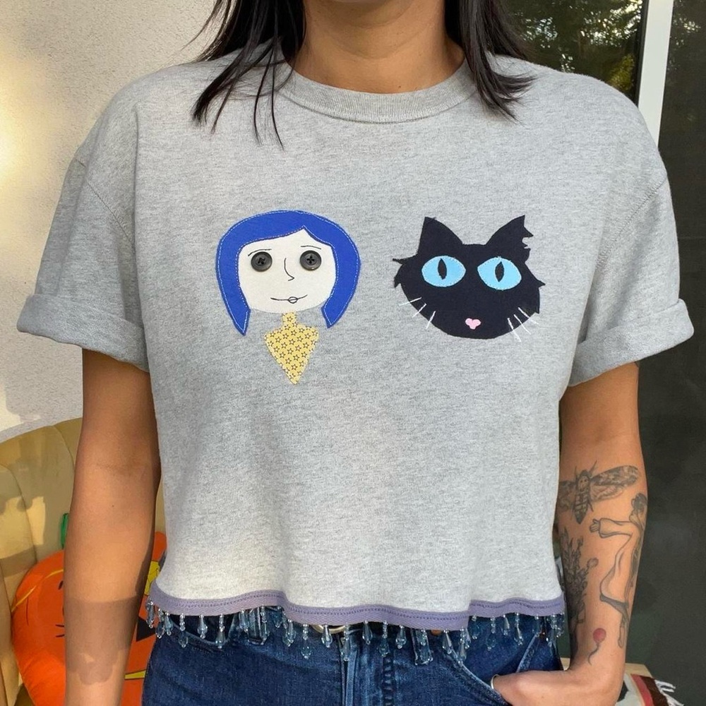 Coraline and Black Cat Handmade Patches and Beaded Fringe Detail Grey Top